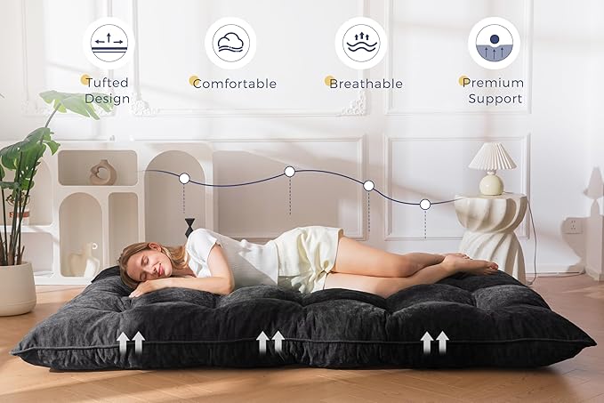 MAXYOYO Floor Mattress Full Size, 6" Chenille Japanese Futon Mattress Foldable Floor Bed for Adults Tufted Roll Up Floor Couch Bed, Tatami Mat Sleeping Pad for Living Room, Bedroom, Black