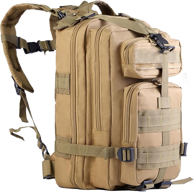 Lawaia Small Tactical Backpack Military Survival Molle Army Go Bag Hunting Gym Rucking Hiking Camping Motorcycle Rucksack With Weights for Men and Women 30L (Khaki)