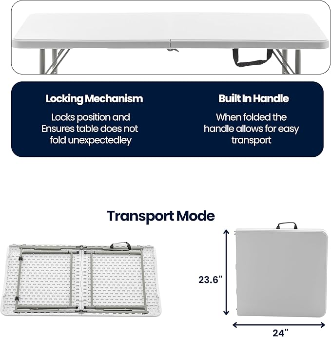 BTEXPERT Set of 5, 4ft Folding Utility Table Fold-in-Half Lightweight Height Adjustable Portable Carrying Handle Indoor Outdoor Picnic Camping Office Home Party Easy to Clean Store White Set of 5