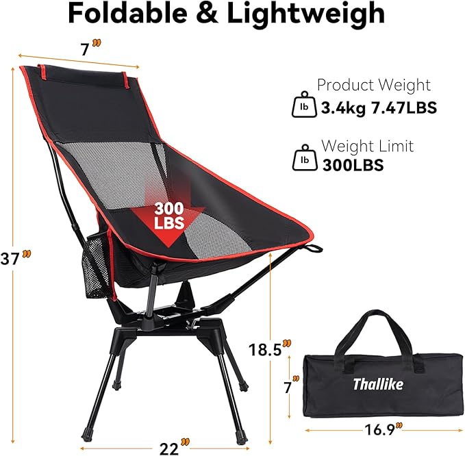 Upgraded 360° Swivel Folding Camping Chair, Lightweight High Back Portable Chairs with Head Support, Compact & Stable for Outdoor Camp, Travel, Beach, Picnic, Festival, Fishing, Hiking, Backpacking