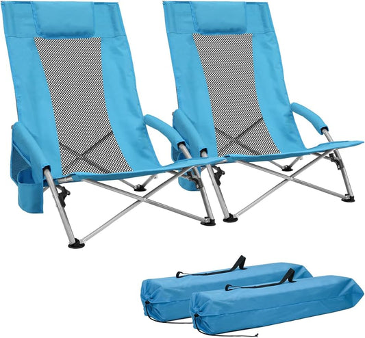 BDL Low Beach Chairs for Adults 2 Pack, Portable Lightweight Folding Chair Cup Holder & Carry Bag, Set of 2 Folding Beach Chair for Outdoor, Sand, Camping, Concert, Travel（Blue）