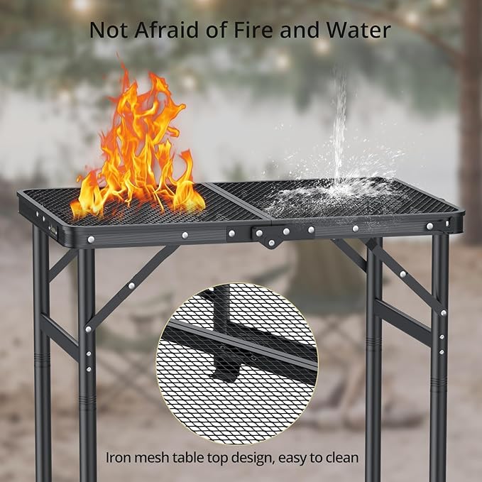 2ft Folding Grill Table Max 29.5", 3 Adjustable Heights Metal Threaded More Stable Lightweight Camping Table Heat-Resistant with Handle, for Cooking BBQ Outdoor Travel, 22.8" X 16", Black