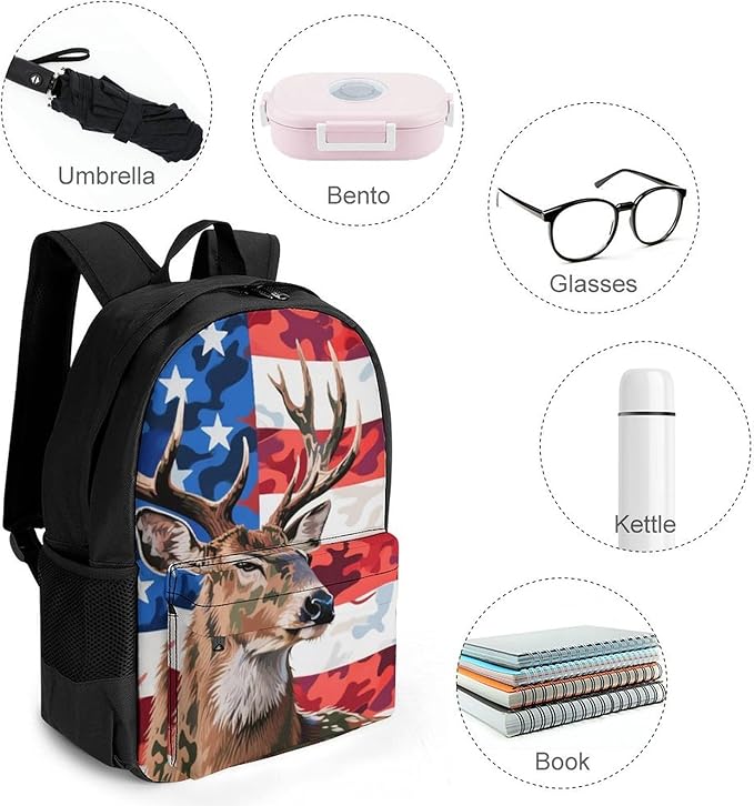 Men Women Lightweight American Flag Camo Deer Camouflage Art Daypack Bookbag Big Capacity Carry On Bag With Side Pockets for Camping Travel Bicycle