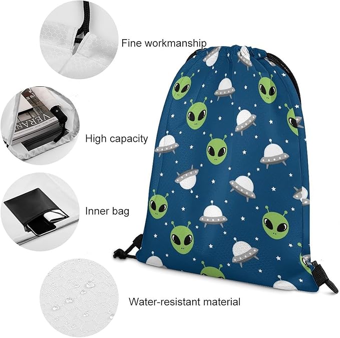 Beam Bag Large Capacity Drawstring Backpack for Volleyball Baseball Sports Workout Gear Travel Men Women, Alien And Ufo Head Bags