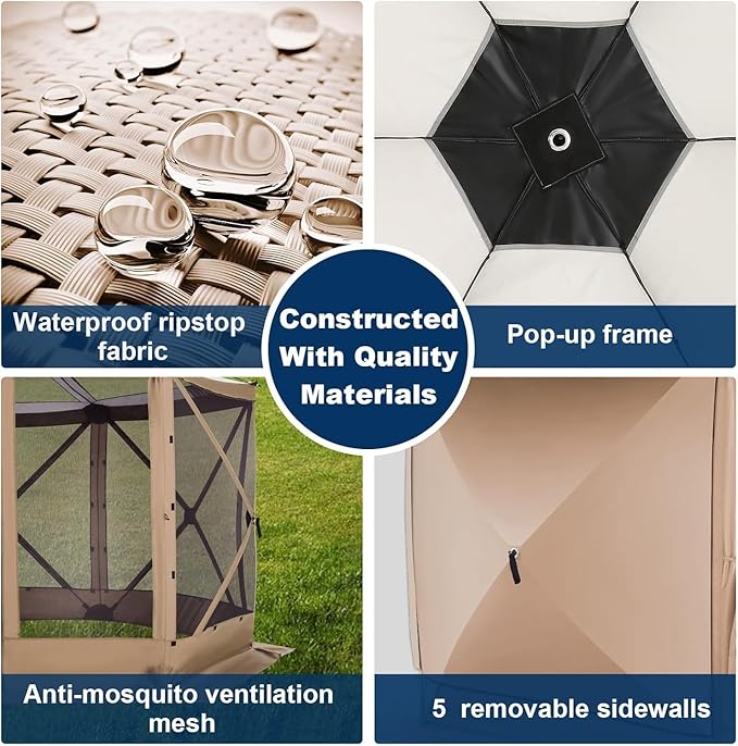 COBIZI 12x12FT Pop Up Gazebo Screen Tent Screen House for Camping, Screen Room with Mosquito Netting, Hub Tent Instant Screened Canopy with Carrying Bag and Ground Stakes,Khaki