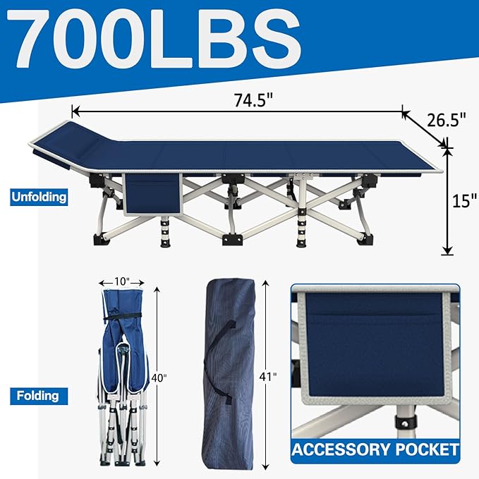 Camping Cot with Mattress Comfortable Cots for Sleeping Folding Cot Double Layer Oxford Camping Bed with Carry Bag Heavy Duty for Home Travel Outdoor Indoor