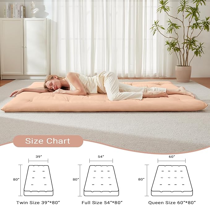 Japanese Floor Futon Mattress Full Size 54"x 80", Foldable Bed Mattress, Portable Tatami Mat Sleeping Pad, Folding Futon Cushion, Roll Up Floor Lounger for Guest Room Dormitory (Khaki)