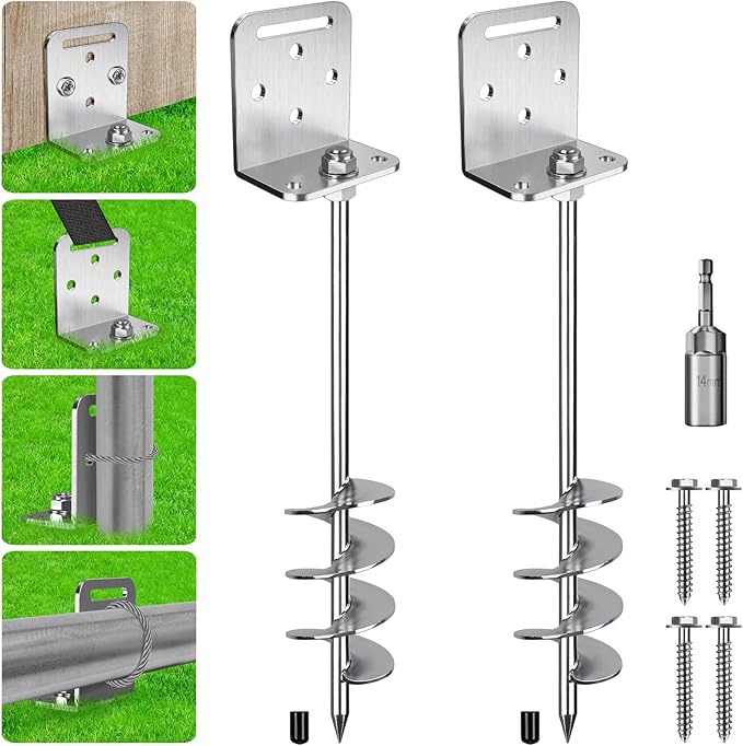 2/4/6 Pack 18" 24" Screw in Trampoline Ground Anchors 2.7" Wide Spiral Mobile Home Earth Anchor Stakes Set with Versatile L Bracket Swingset Anchors for Playset, Fence, Tent, Shed, Canopy, Carport