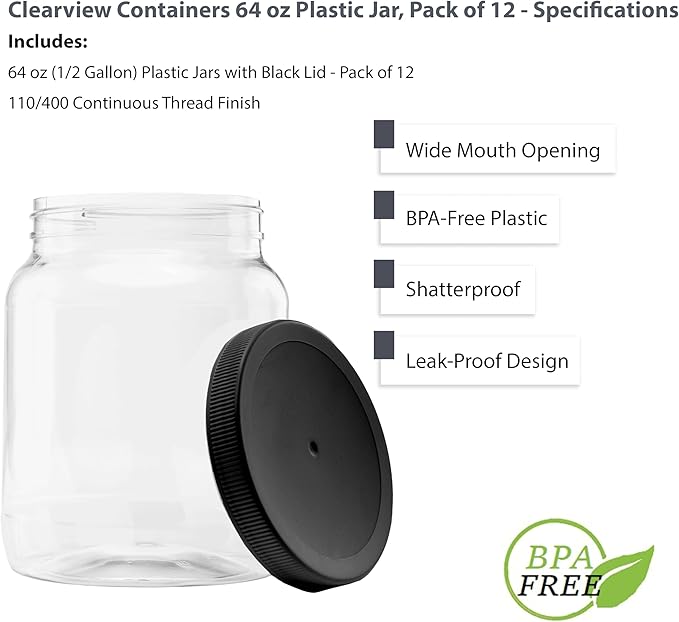 Plastic Storage Jars with Leak Proof Lids, BPA Free, Hand Wash Only (64oz, 12PK Black)