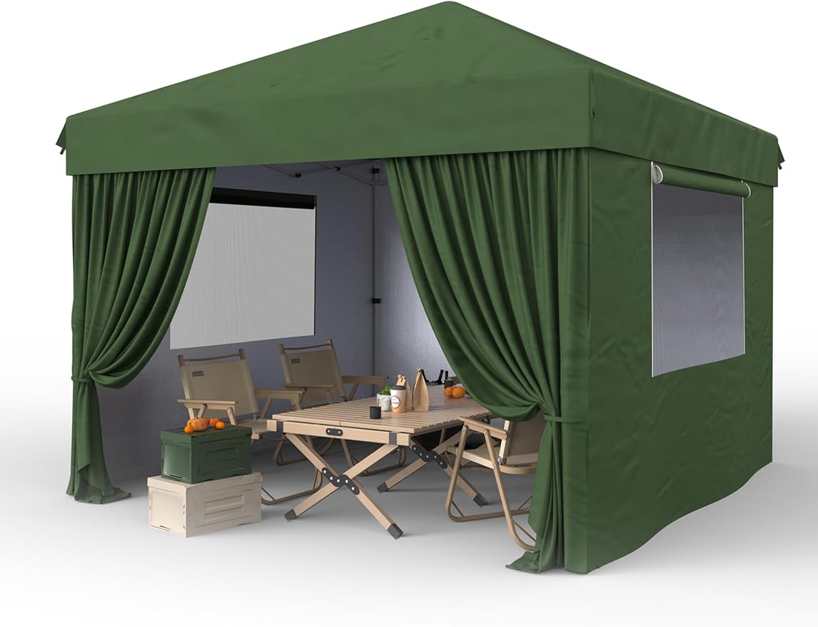 Garvee 10x10 Pop Up Canopy Tent Outdoor Canopy One-Person Set Up Heavy Duty Commercial Instant Tent Shelter, 4-Sidewall+Green
