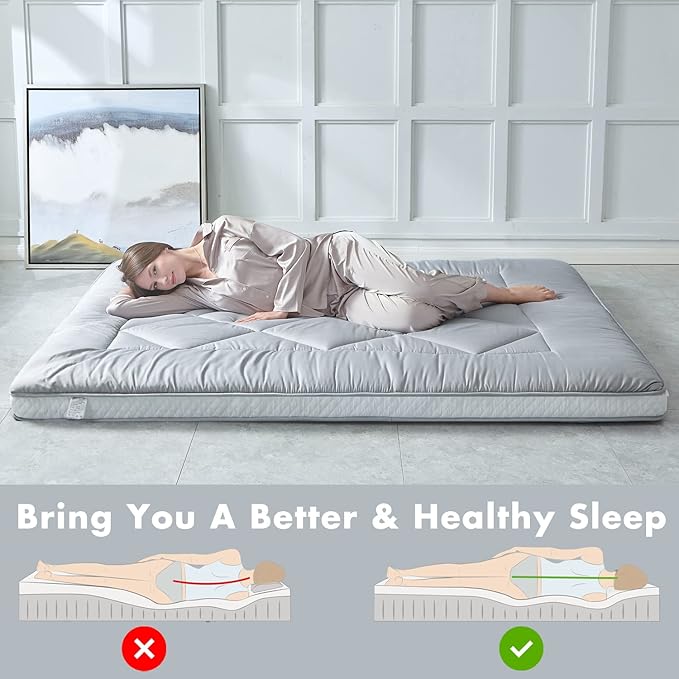 Japanese Floor Mattress, Thicken Foldable & Portable Roll up Camping Mattress with Dust-Proof Cover, Grey, Twin