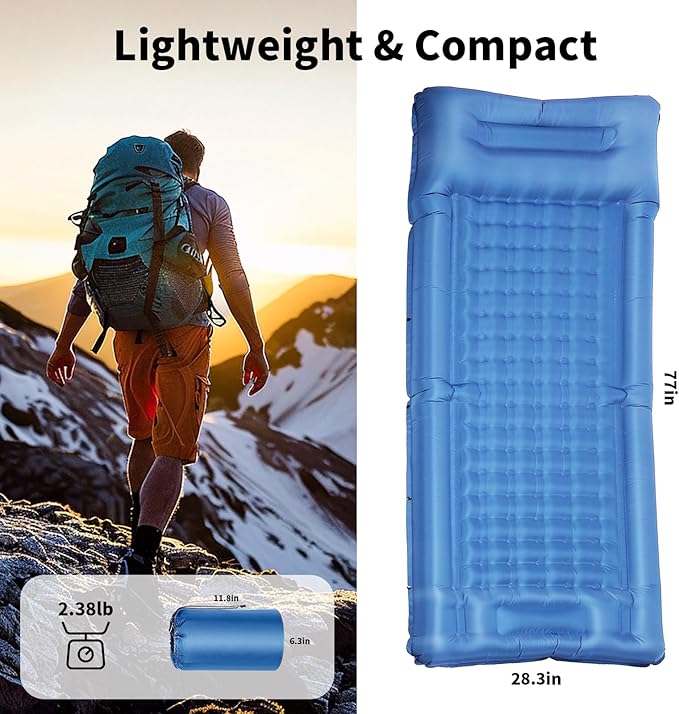 Camping Sleeping Pad, Self-Inflating Sleeping Mats with Pillow,Thick 6.2 Inch Ultralight Sleeping Pad with Built-in Foot Pump for Camping Backpacking Hiking Traveling Tent