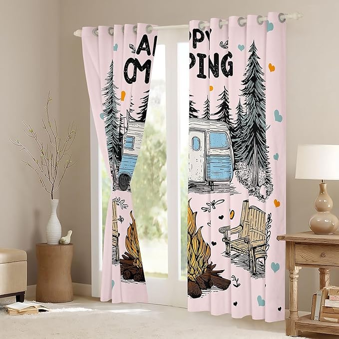 Feelyou Pink Camping Camper Rv Curtains for Bedroom Living Room Rustic Farmhouse Camper Blackout Darkening Drapes Happy Camping Window Treatments, 2 Panels 38 x 45 Inch Room Decor