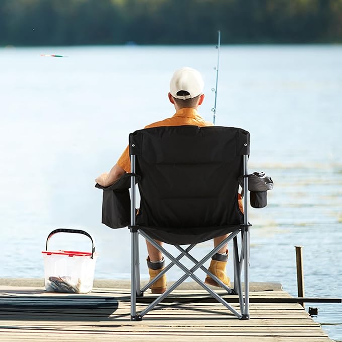 VEVOR Camping Folding Chair, Portable Heavy Duty Outdoor Quad Lumbar Back Padded with Side Pockets, Cup Holder and Cooler Bag for Beach, Lawn, Picnic, Fishing, Backpacking, Black