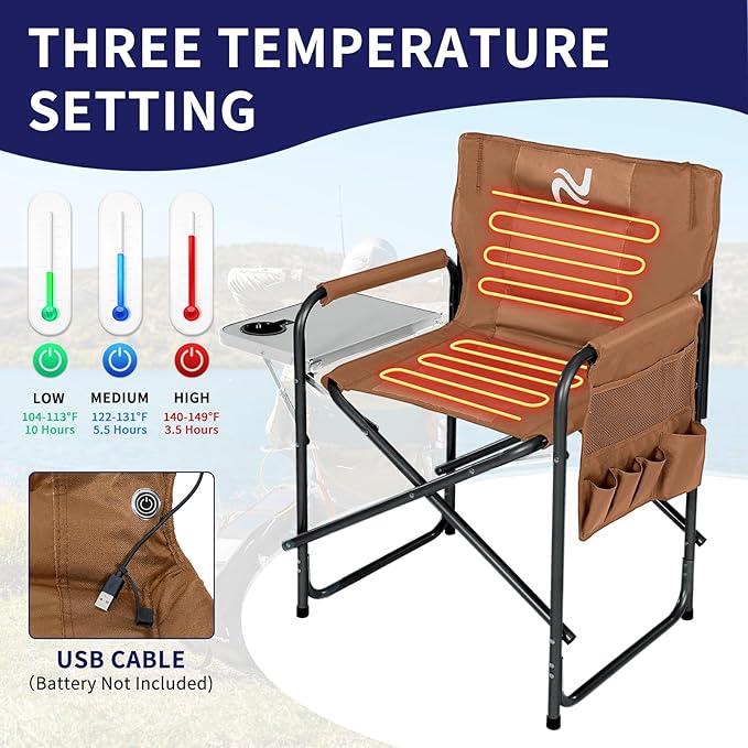 Slsy Heated Camping Chair Heats Back and Seat, Heated Portable Camp Chair with 3 Heat Levels, Heavy Duty Heated Director Chair for Lawn, Outdoor, Picnic, Lounge Patio