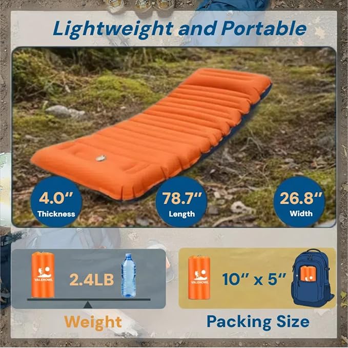 4 Inch Thick Camping Sleeping Pad with Internal Straps - R Value 4.0 for 4 Seasons, Durable & 100% Waterproof Outdoor Air Mattress, Lightweight Sleeping Mat for Hiking, Backpacking, Travel