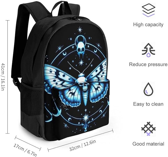 Adults Lightweight Goth Moth Dead Skull Moon Shoulder Book Bags Big Capacity Shoulder Bag With Adjustable Shoulder Straps for Trekking Work Walking Cycling