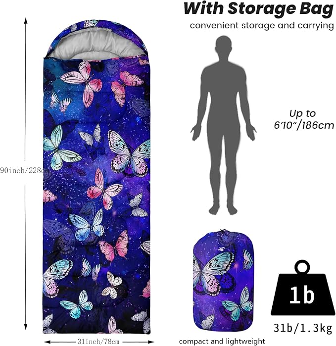 Sleeping Bags for Adults Youth Kids,3D Printing Camping Sleeping Bag for Girls Boys Lightweight Waterproof Cold/Warm Weather Sleeping Bag for 3 Seasons