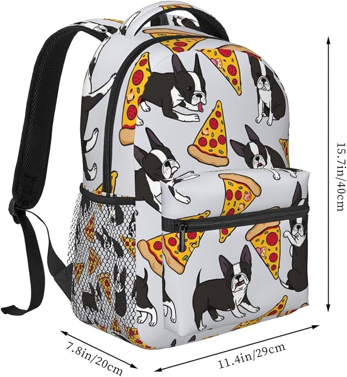 Polyester Daypack for Hiking Work Running, Big Capacity Anti-Theft Multipurpose Shoulder Bag, Grey Boston Terrier Dog Pizza Travel and Sport Backpack Rucksack