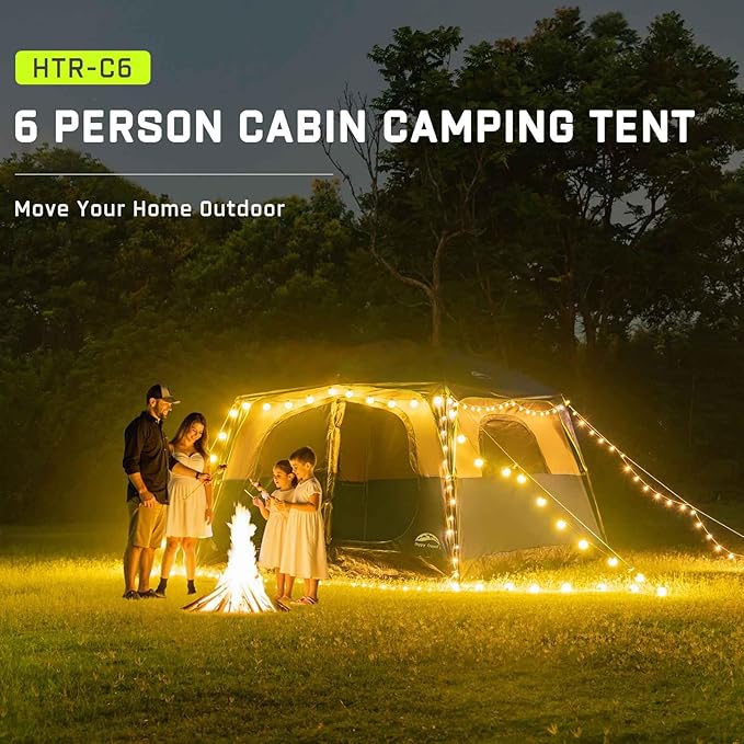 Happy Travel Tent 6 Person Tents for Camping, Waterproof Easy Setup Camping Tent with Rainfly, Portable Large Family Cabin Tent with 5 Large Mesh Windows and Carry Bag for Outdoor Camping & Hiking