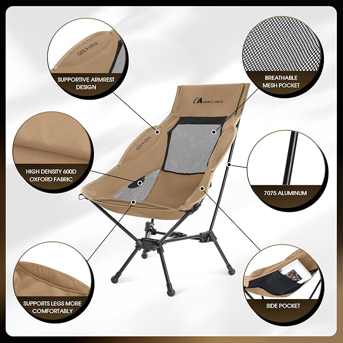 MOON LENCE High Back Folding Camping Chair, 330lbs Portable Compact Chair with Wide Seat & Ergonomic Back Support (Khaki)