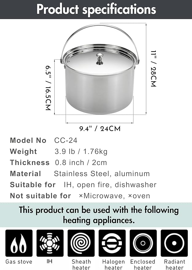 CAMPINGMOON 6 Quart Camping Stock Pot 3-Ply Stainless Steel Kitchen Pot CC-24