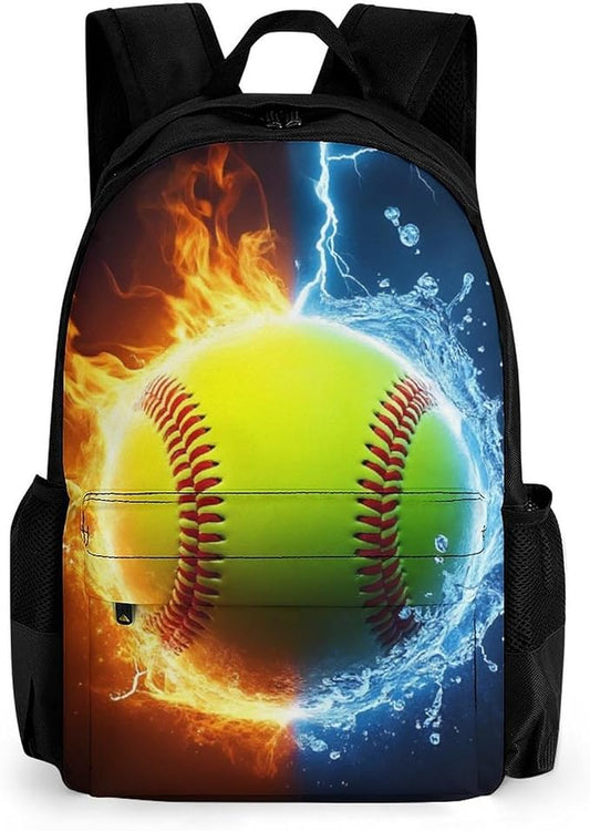 Men Women Polyester Ice Water Fire Flame Softball Baseball Daypack Bookbag Big Capacity Shoulder Bag With Padded Straps for Climbing Travel Walking Cycling