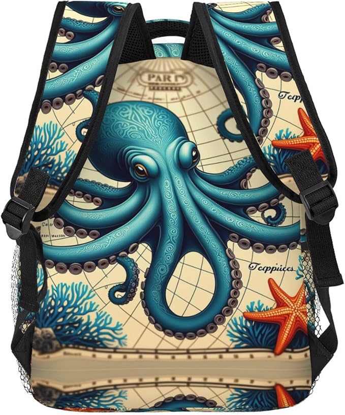 Rucksack Anti-Theft Multipurpose Big Capacity Carry On Bag, Retro Octopus Art Traveling Camping Backpack With Side Pockets