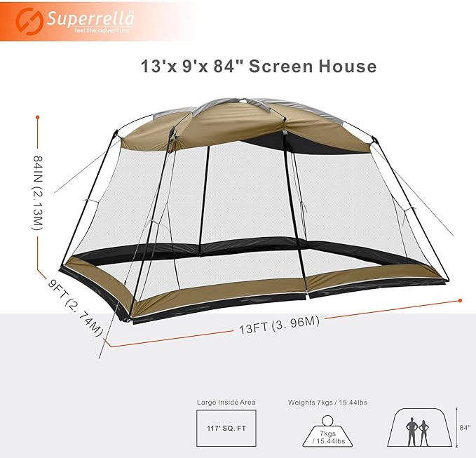 Screen House 13x9 Ft Canopy Tent Sun Shade Shelter Perfect for Outdoor Activities, Khaki