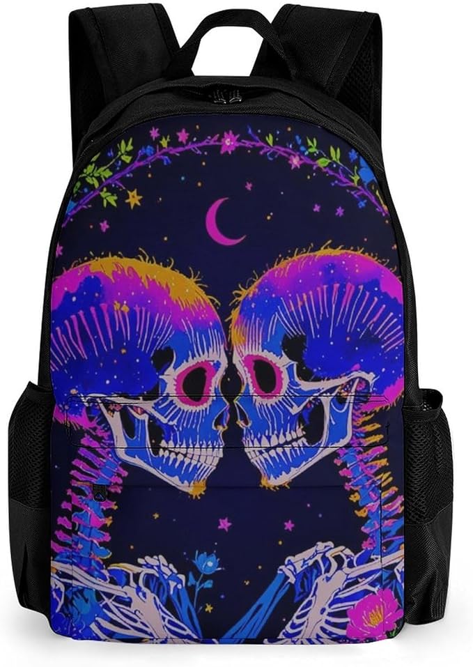 Rucksack Anti-Theft Multipurpose Big Capacity Carry On Bag, Psychedelic Skeleton Love Art Traveling Camping Backpack With Side Pockets