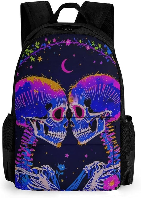 Rucksack Anti-Theft Multipurpose Big Capacity Carry On Bag, Psychedelic Skeleton Love Art Traveling Camping Backpack With Side Pockets