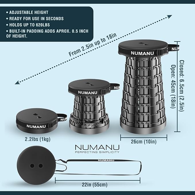 NUMANU 2025 Upgraded Collapsible Stool with Built-in Seat Padding, Height Adjustable Retractable Telescopic Seat, Max 620lb Portable Folding Stool, Foldable Camping Chair or Travel Footrest, 2.5"-18"H