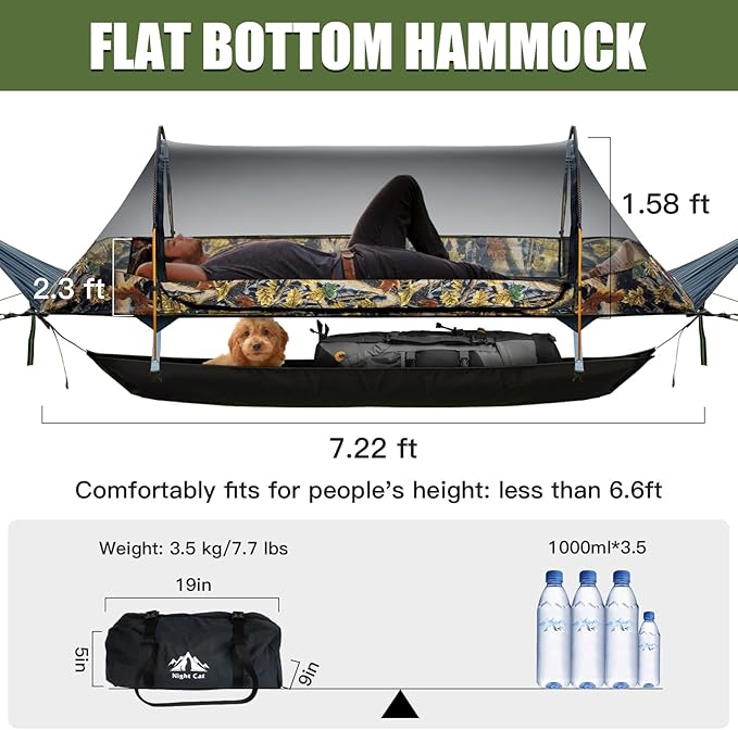 Night Cat Flat Lay Hammock Tent with Mosquito Net Waterproof Rainfly Storage Room for 1 Person Backpacking Hiking Camping Lightweight 330LBS 87x28x19in