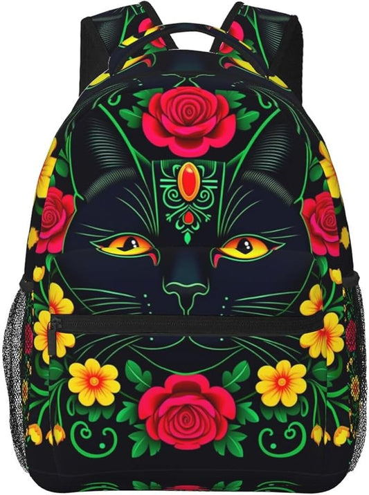 Backpack Anti-Theft Multipurpose Large Capacity Carry On Bag, Day Of The Dead Black Cat Red Floral Art Camping Outdoor Backpack With Side Pockets