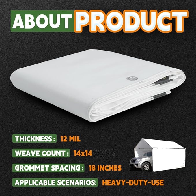 RAINDEWAY 12 Mil Heavy Duty White Tarp 8x10 Feet (2 Pack), UV Resistant, Waterproof, Weatherproof Poly Tarp with Metal Grommets and Reinforced Edges