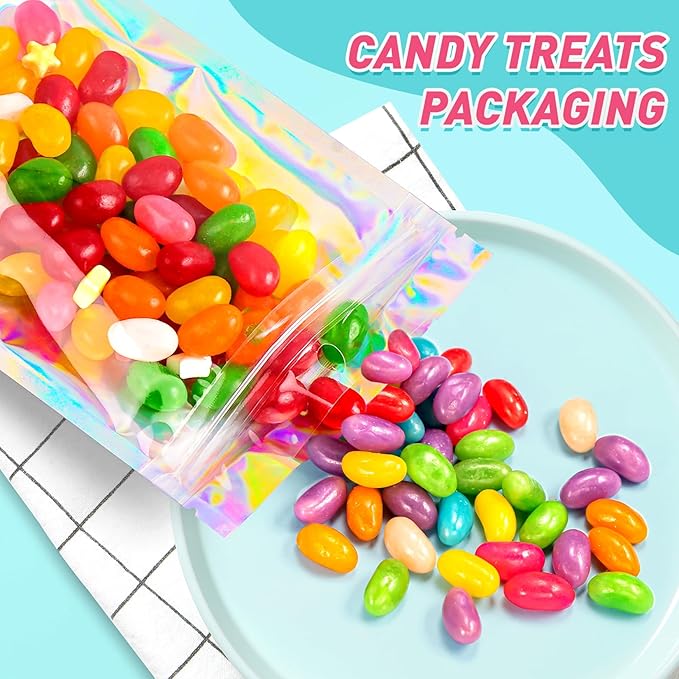 Funfery 300 Pack Smell Proof Resealable Bags for Food Storage,Holographic Bags 4x6 Mylar Clear Packaging Bag- Scent Proof for Cookies, Zip Foil Pouch for Small Business