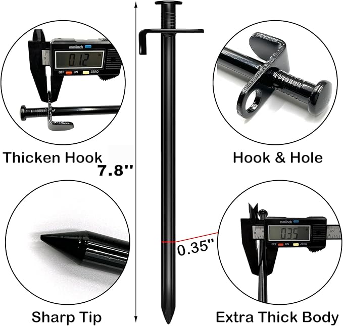 Cheardia 20 Pack Tent Stakes Heavy Duty, 7.8 Inch Outdoor Camping Pegs Stakes Black Metal Ground Stakes Spikes for Tent Tarp Canopy Unbreakable and Inflexible