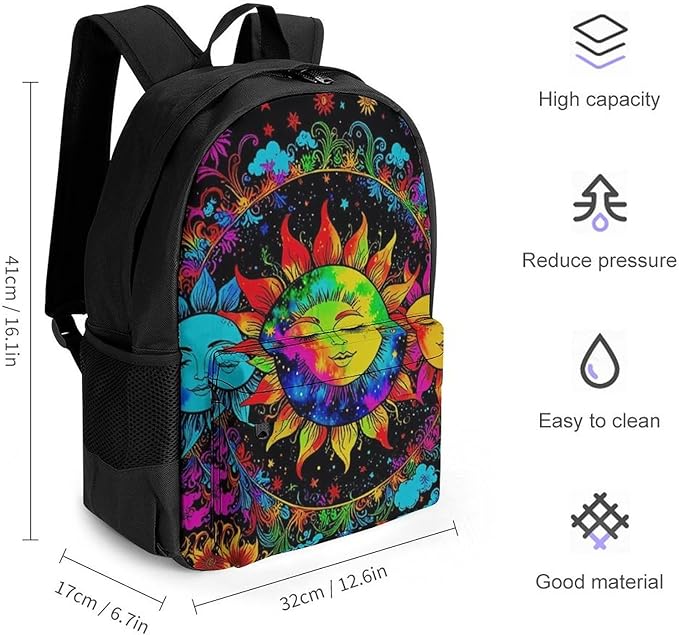 Supdreamc Polyester Daypack Backpack for Trekking Picnic Walking Cycling, Large Capacity Anti-Theft Multipurpose Shoulder Bag, Mandala Triple Sun Hippie Trippy Psychedelic Boho Art Casual Daypack