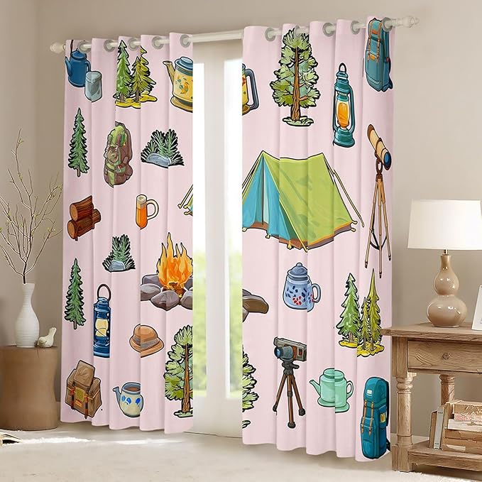 Feelyou Pink Camper Theme Curtains for Bedroom Living Room Happy Camping Blackout Darkening Drapes Adventure Camper Window Treatments, 2 Panels 52 x 63 Inch Room Decor