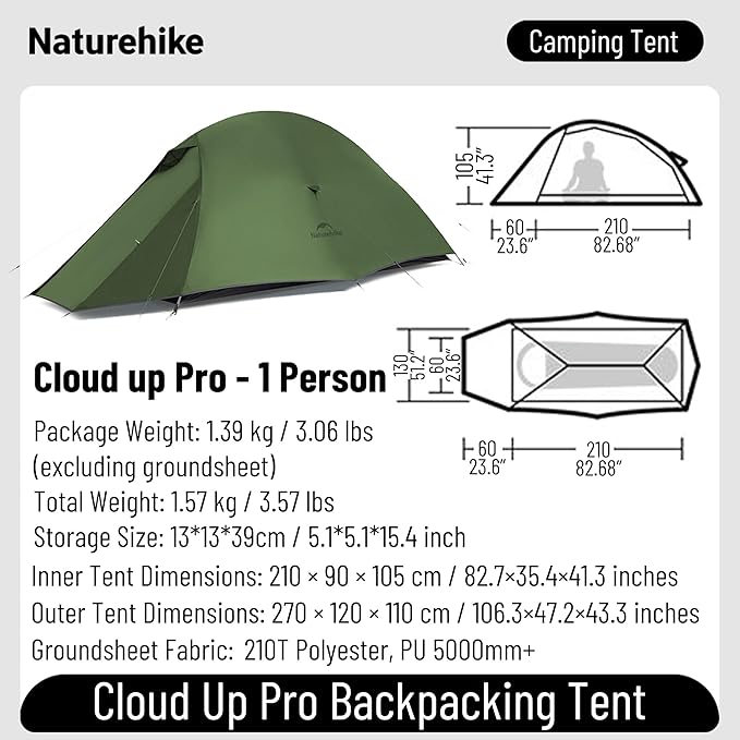 Naturehike Cloud up Pro Camping Tent, 1/2/3 Person Ultralight Tents, 3 Season Backpacking Tent, Waterproof for One Man, Self-Standing Easy Setup for Cycling, Outdoor Camp
