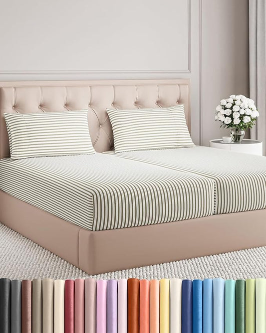 Split King Size 5 Piece Sheet Set - Comfy Breathable & Cooling Bed Sheets Set - Hotel Luxury Bedding for Women, Men, Kids, Teens, Boys & Girls - Deep Pockets, Soft and Wrinkle Free - Beige Stripes 2