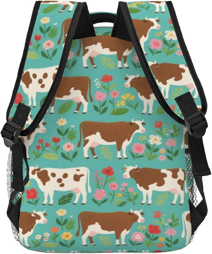 Rucksack Polyester Anti-Theft Multipurpose Hereford Cow Cattle Floral Carry On Bag Large Capacity Travel and Sport Backpack Rucksack With Smooth Zippers