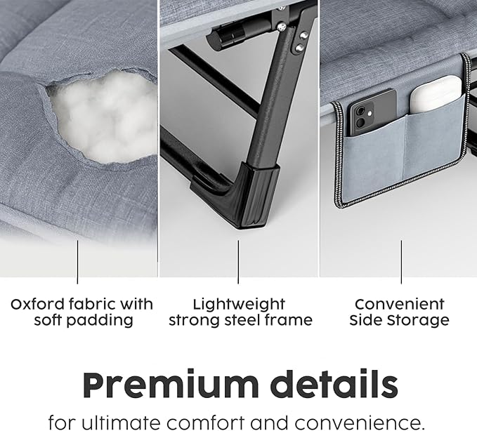 Chaise Lounge Chair, Folding Cot, 6-Angle Adjustable Camping Cot with Mattress for Patio and Beach, Foldable Bed Portable Heavy Duty Lay Flat Reclining with Pillow (Grey, L - 75'')