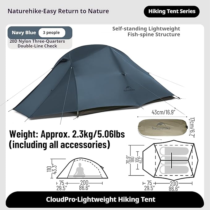 Naturehike Cloud up Pro Camping Tent, 1/2/3 Person Ultralight Tents, 3 Season Backpacking Tent, Waterproof for One Man, Self-Standing Easy Setup for Cycling, Outdoor Camp