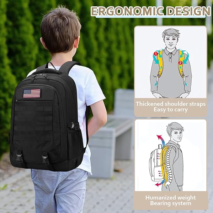 Tactical Backpack - 19'' Waterproof School Bag for Kids, 15.6" Laptop Compartment & MOLLE Webbing for Camping Hiking Travel