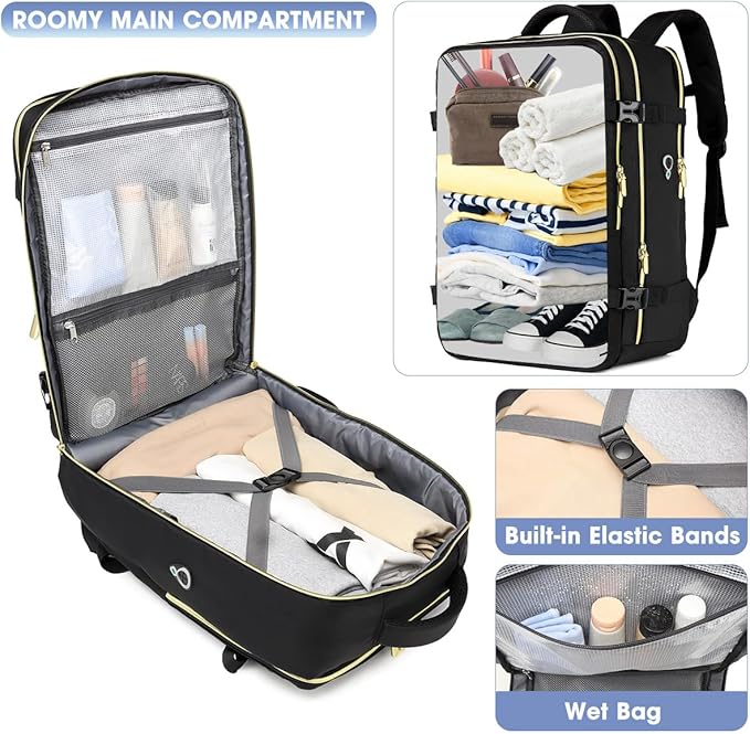 LUOCIP Large Carry On Travel Backpack - Flight Approved Waterproof Luggage Suitcase Backpacks Personal Item Size for Women Fit 17 Inch Laptop College Overnight Weekender Bag With 3 Packing Cube Black