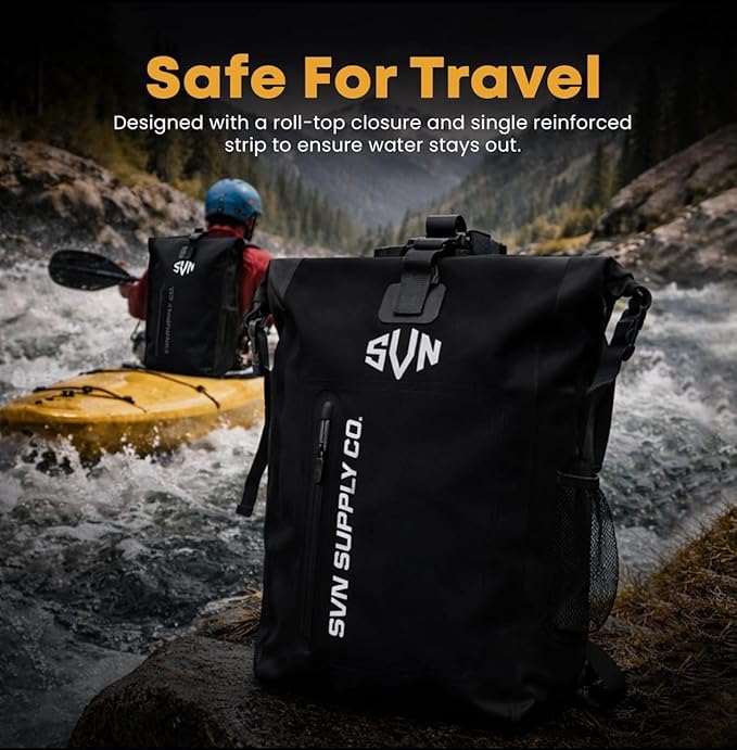 SVN Supply Co. Heavy-Duty Waterproof Backpack – Roll-Top Dry Bag for Hiking, Kayaking, Camping & Outdoor Adventures – Padded Shoulder Straps (Black)