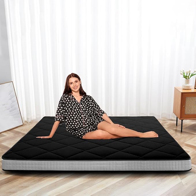 SUNYRISY Japanese Floor Futon Mattress, Thicken Foldable Bed Mattress Topper Sleeping Pad Roll Up Tatami Mat, Floor Lounger Guest Bed for Camping Couch Car, Grey, Full