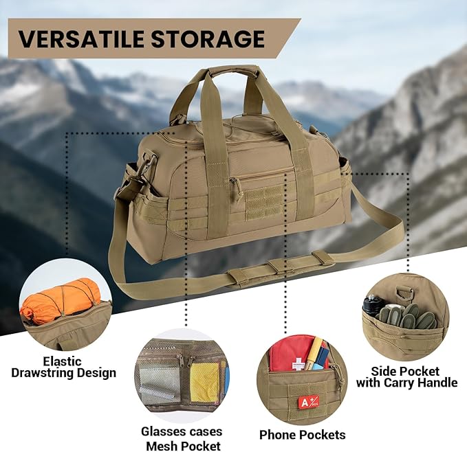35L Large Duffle Bag, 3-in-1 Tactical Backpack MOLLE Pack for Sports/Gym/Outdoor, Coyote