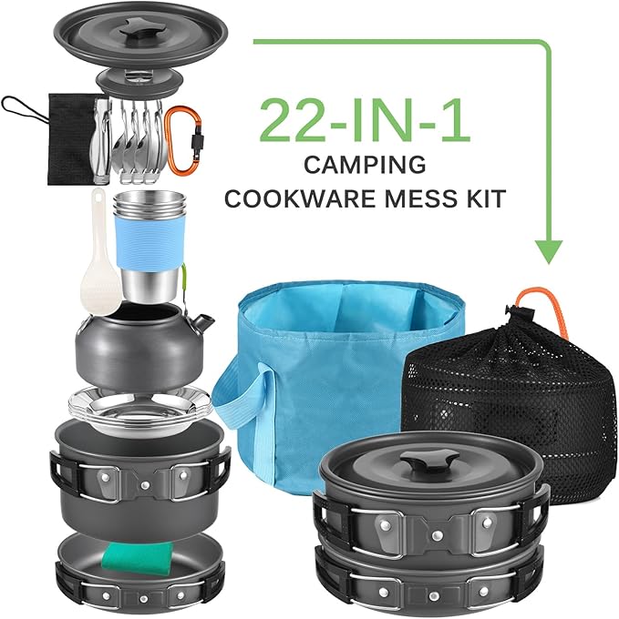 Lixada 22PCS Camping Cookware Kit Camping Utensils Cooking Set Camping Pot Pan Cooking Set Camp Cookware Set with Mesh Bag for Outdoor Camping Hiking Backpacking 1-3 Person